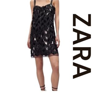 ZARA Black Sequin Bead Pallete Mini Dress, Satin Straps, Size M.